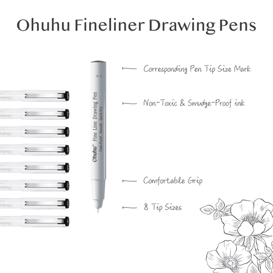 Ohuhu Fineliner Drawing Pens 8 Pack Archival Ink - tip size chart