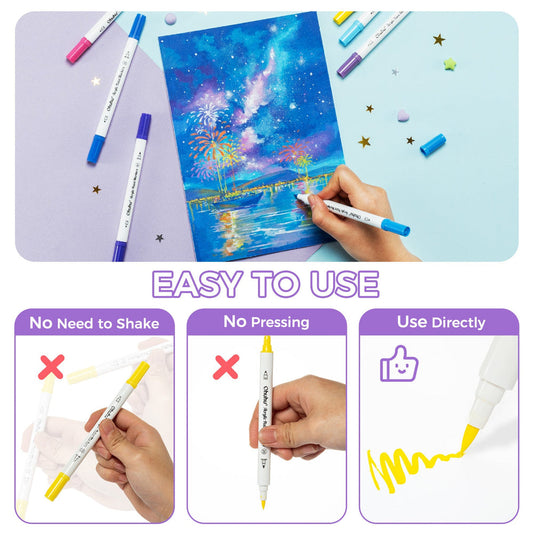 Ohuhu Akaka 72-color cotton-core brush and fine dual tip acrylic paint markers for art and craft projects.
