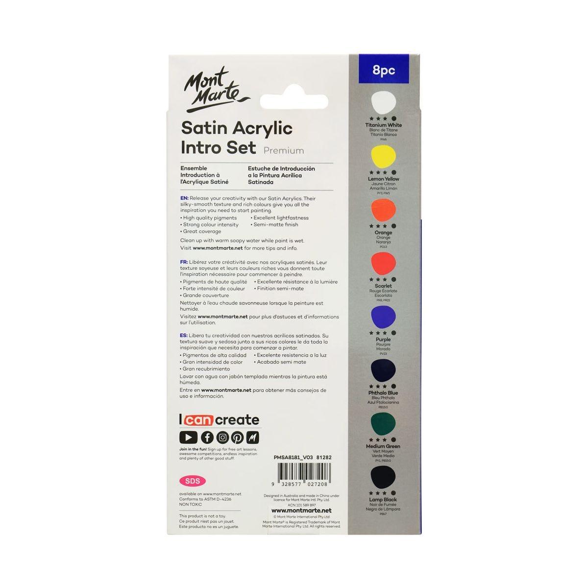 Mont Marte Satin Acrylic Intro Set Premium 8pc x 18ml (0.6oz) - Glowish