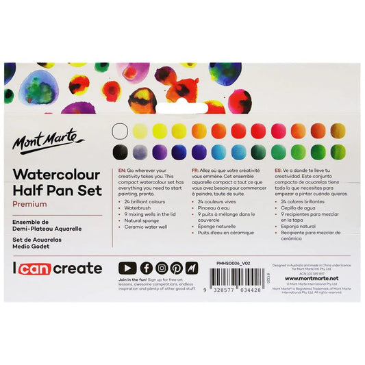 Watercolour Half Pan Set Premium 28pc - Mont Marte - ArtSupplies.nz