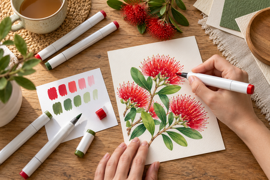 Illustration of a pōhutukawa flower card being coloured with red and green markers beside colour swatches.