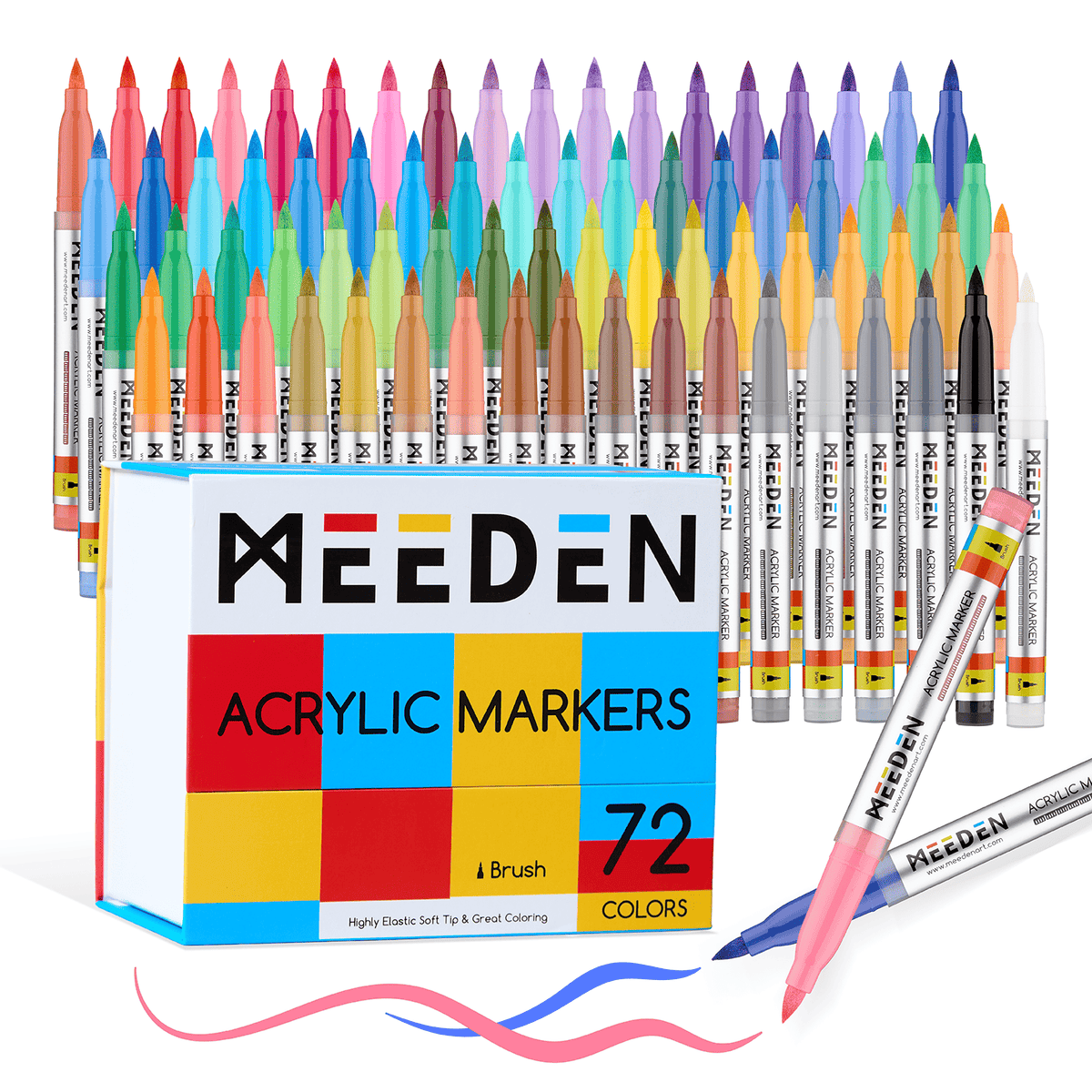 MEEDEN acrylic paint markers brush tip 72 colours box and pens