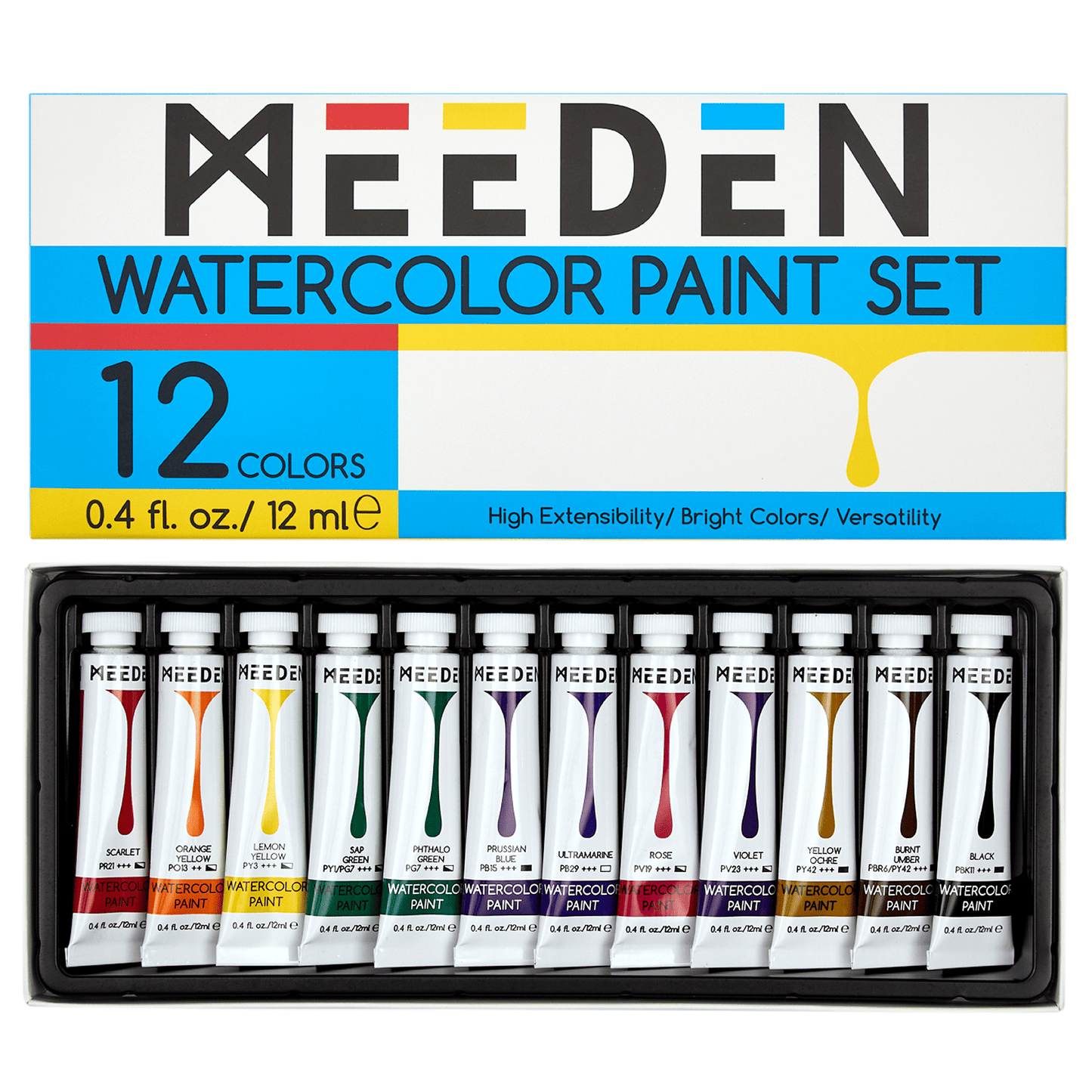 MEEDEN 12 colour watercolour paint set with tubes shown open