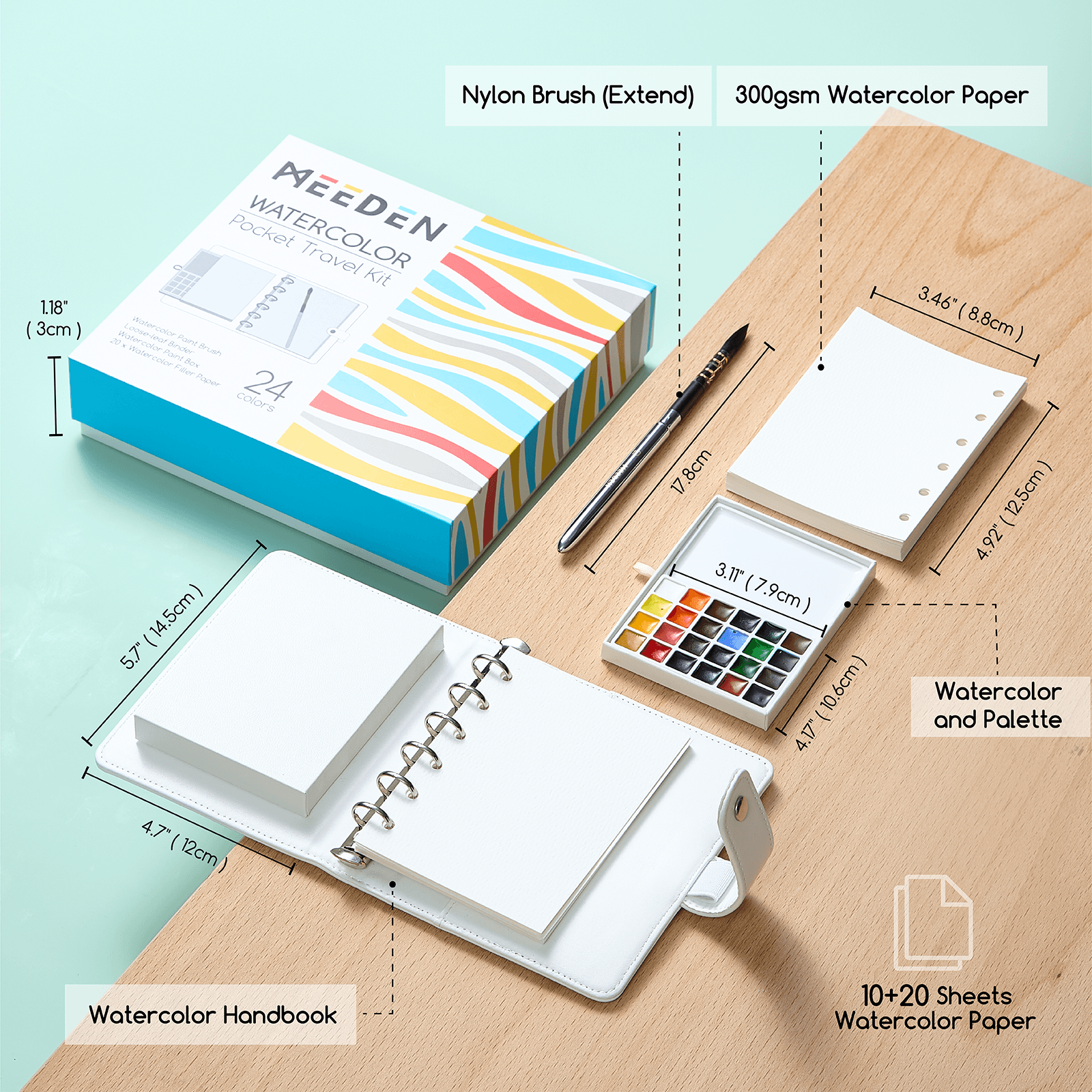 MEEDEN watercolour travel set with paint palette, brush and journal
