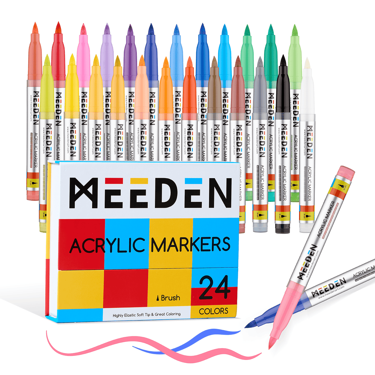 MEEDEN acrylic paint markers brush tip 24 colours box and pens