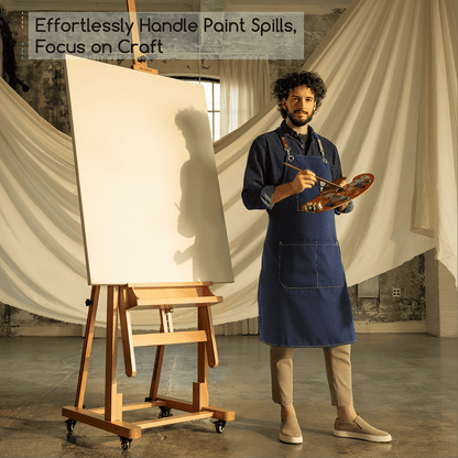 Black MEEDEN painting apron with pockets, worn by a model