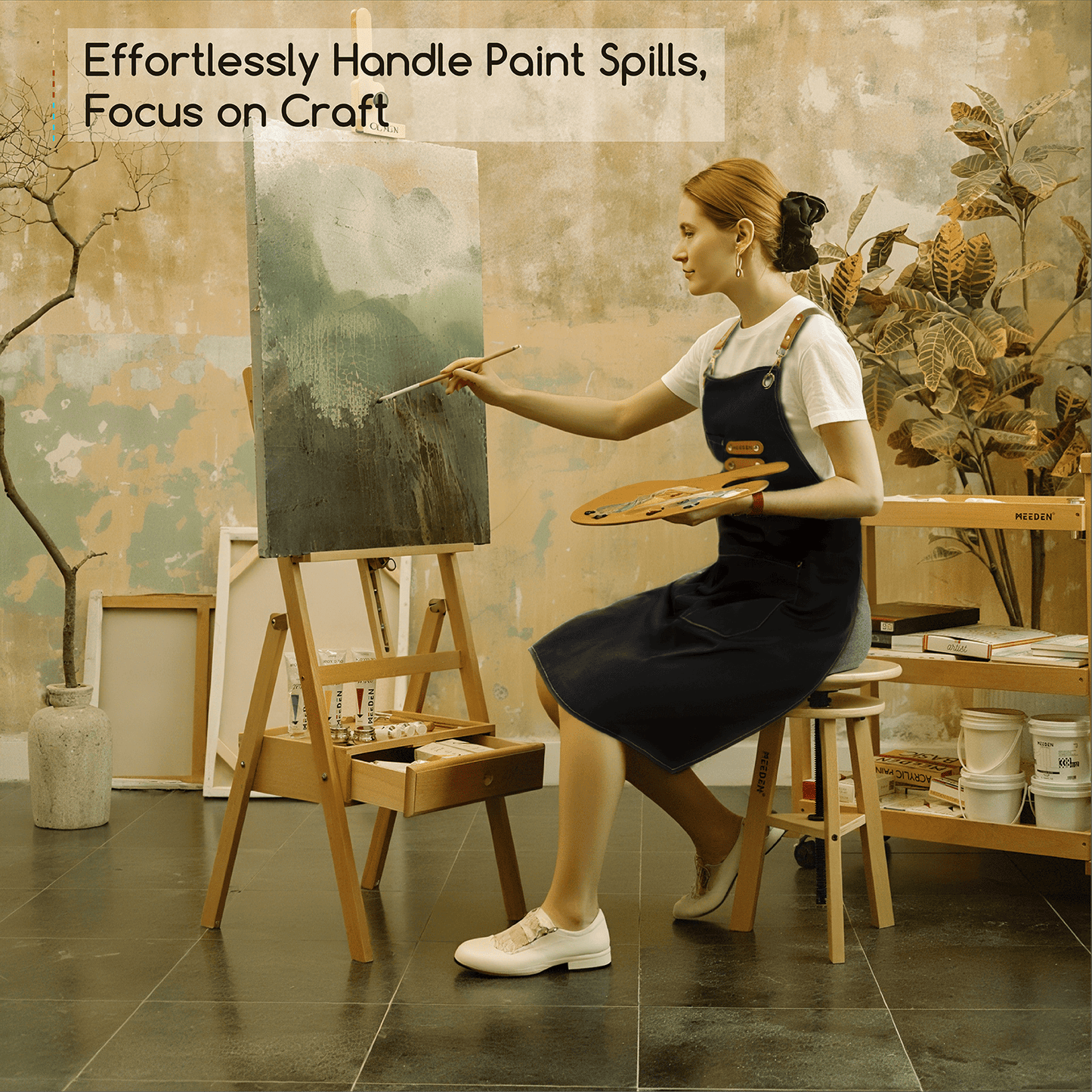 Black MEEDEN painting apron with pockets, worn by a model