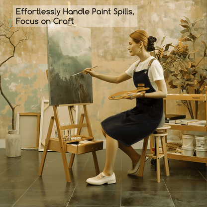 Black MEEDEN painting apron with pockets, worn by a model