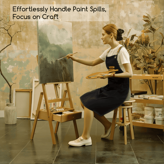 Black MEEDEN painting apron with pockets, worn by a model