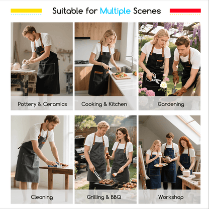 Black MEEDEN painting apron with pockets, worn by a model