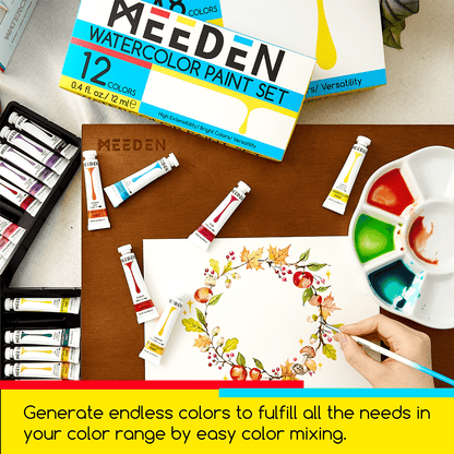 MEEDEN 12 colour watercolour paint set with tubes shown open