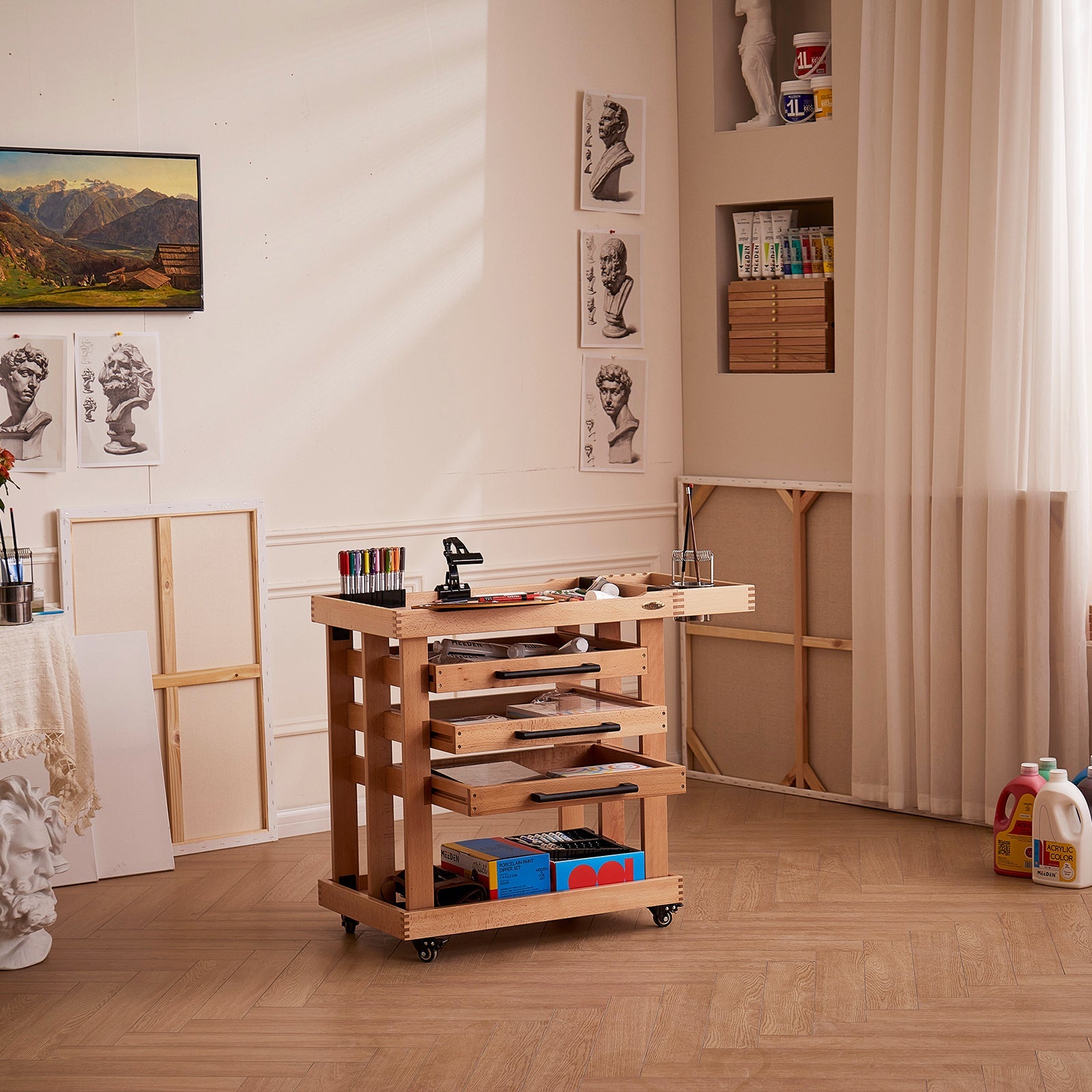 MEEDEN 5-tier artist storage cart on wheels with drawers open