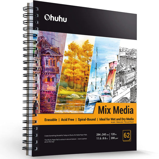 Ohuhu Mix Media Pad 8.9x8.3 inches FSC certified paper pad with blank pages, ideal for drawing and mixed media art.