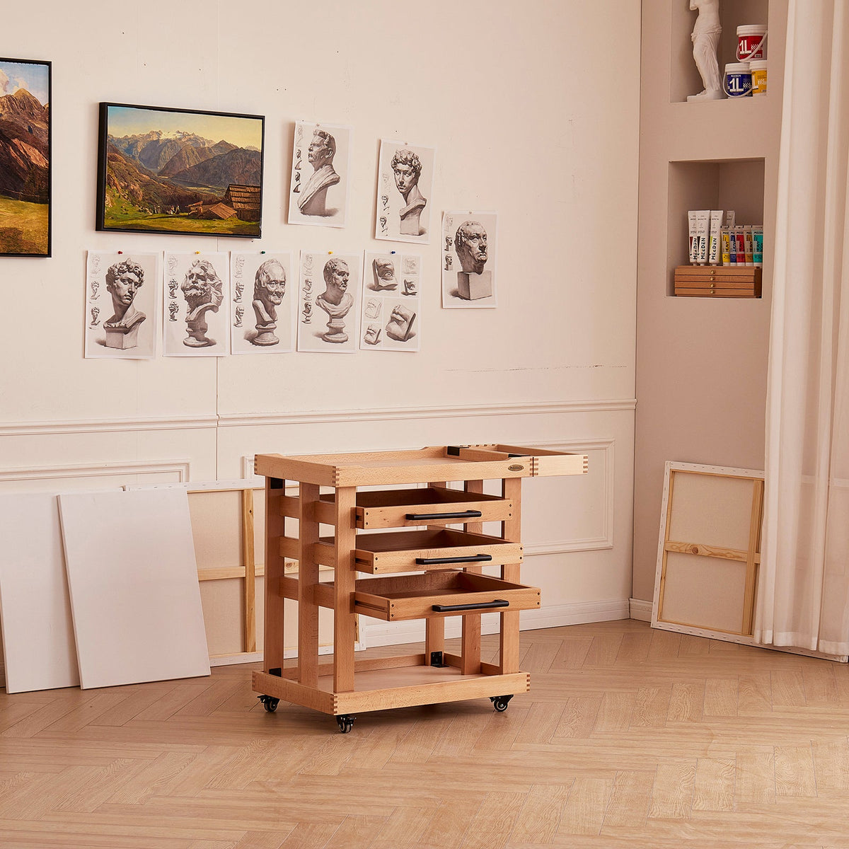 MEEDEN 5-tier artist storage cart on wheels with drawers open