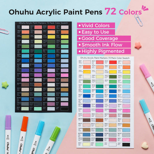 Ohuhu Akaka 72-color cotton-core brush and dot dual tip acrylic paint markers displayed on a white background.