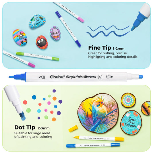 Ohuhu Akaka 72-color set of fine and dot tip acrylic paint markers on paper, showcasing vibrant colors and dual tip design.