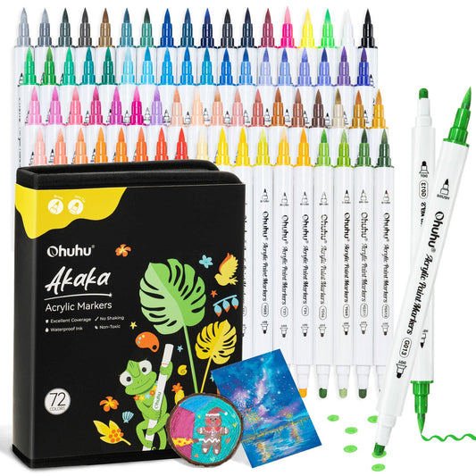 Ohuhu Akaka 72-color cotton-core brush and dot tip acrylic paint markers, showing vibrant colors and dual tips on white background.