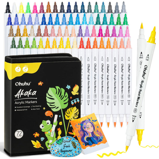 Ohuhu Akaka 72 colors cotton-core brush and fine dual tip acrylic paint markers, close-up of the fine brush tip