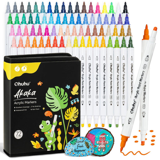 Ohuhu Akaka 72-color cotton-core fine and dot tip acrylic paint markers displayed with fine and dot tips.