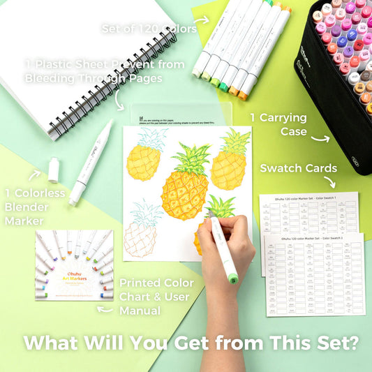 Ohuhu Honolulu B 120-color alcohol markers with dual tips and new packaging, ideal for artistic and coloring projects.