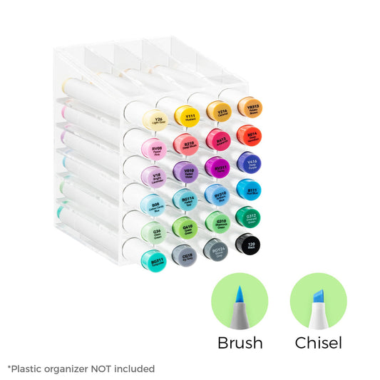 Ohuhu Honolulu 24 basic colors dual tip alcohol markers with brush and chisel tips laid out on a white background.