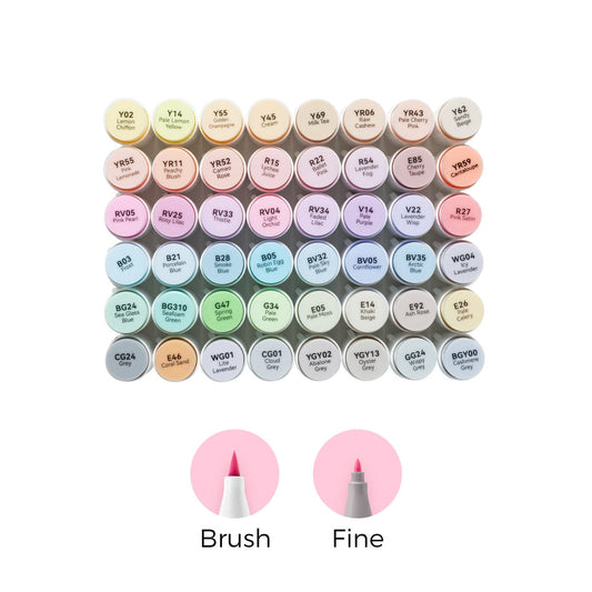 Ohuhu Honolulu B 48 pastel color alcohol markers with dual tips, featuring new packing and vibrant pastel shades.