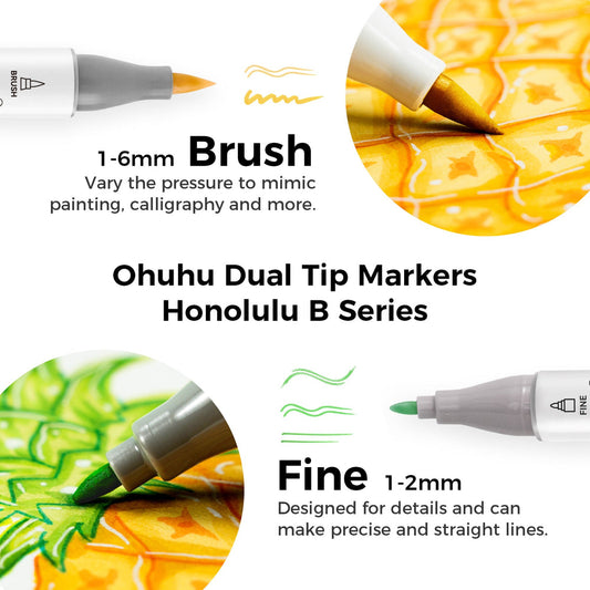 Ohuhu Honolulu B 48 Mid-tone alcohol markers brush and fine tips detail