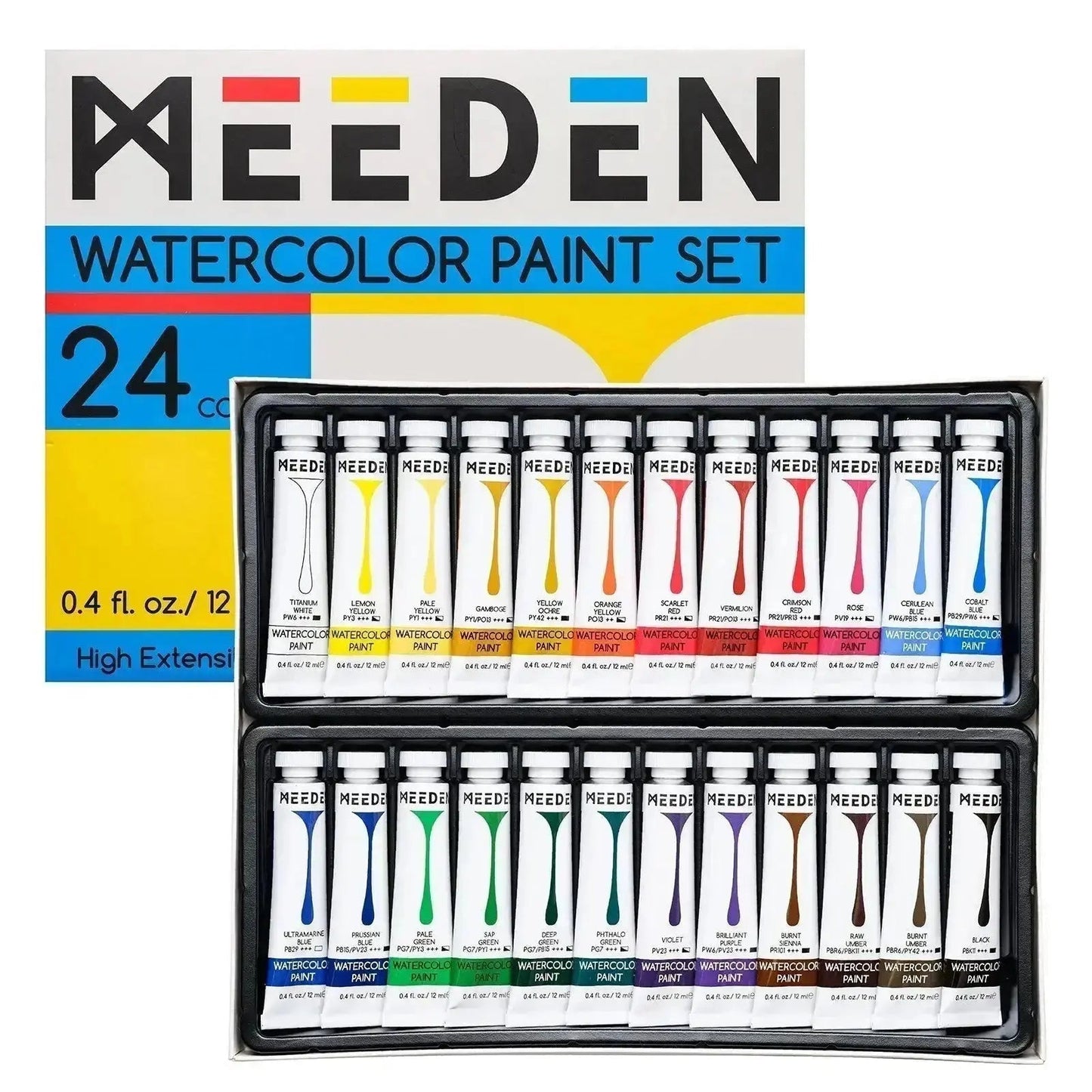 MEEDEN 24 colour watercolour paint set with tubes shown open