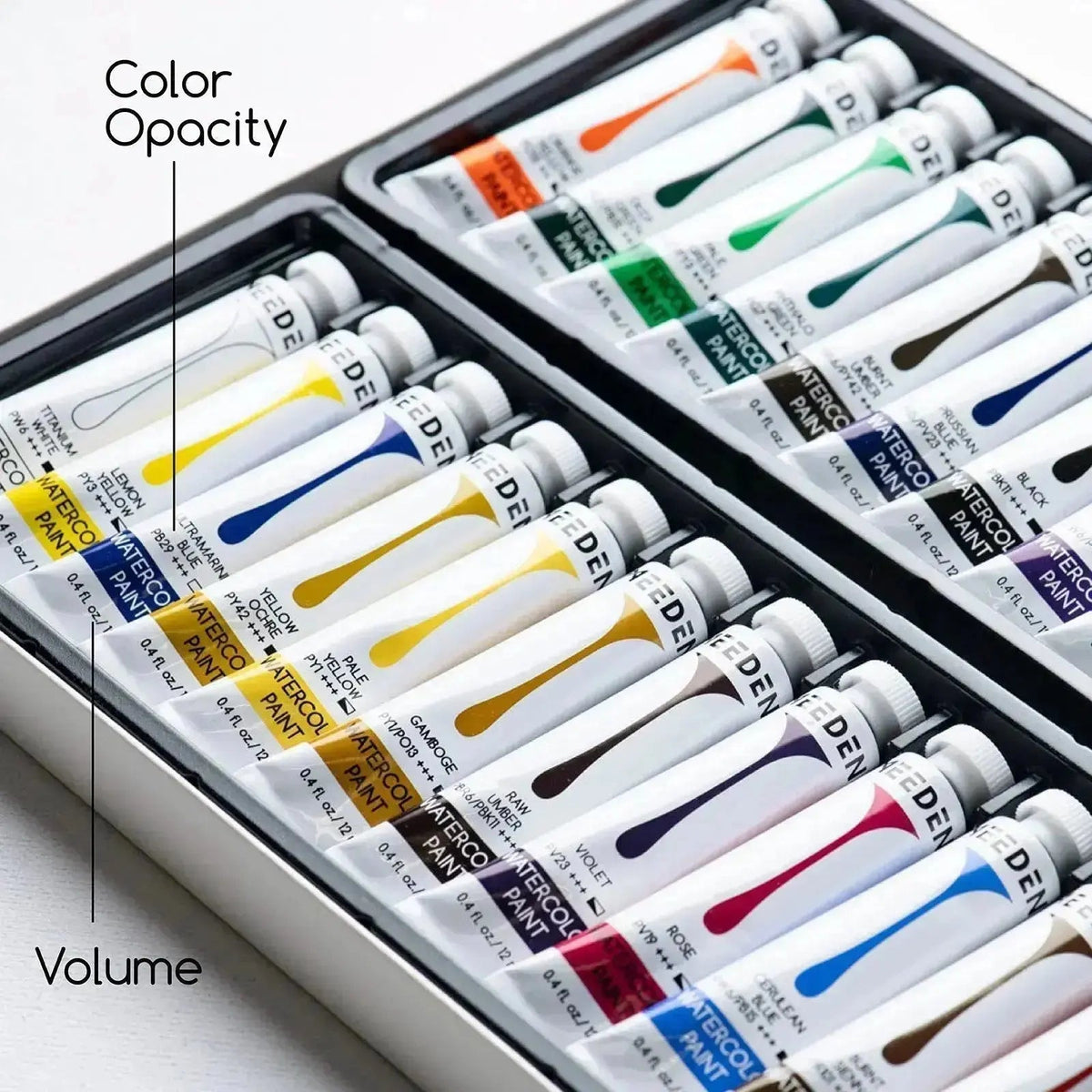 MEEDEN 24 colour watercolour paint set with tubes shown open
