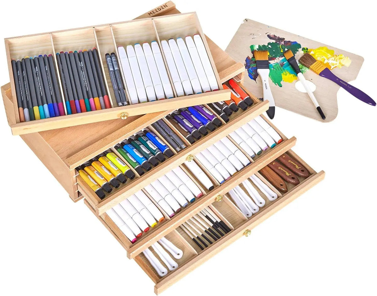 MEEDEN 4-drawer wood art supply storage box, natural finish