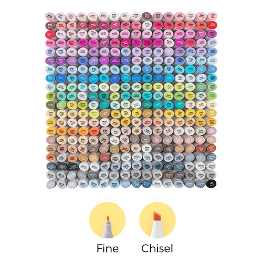 Ohuhu Oahu 320 colors fine and chisel tip alcohol markers with dual tips, displayed in a vibrant set of markers.