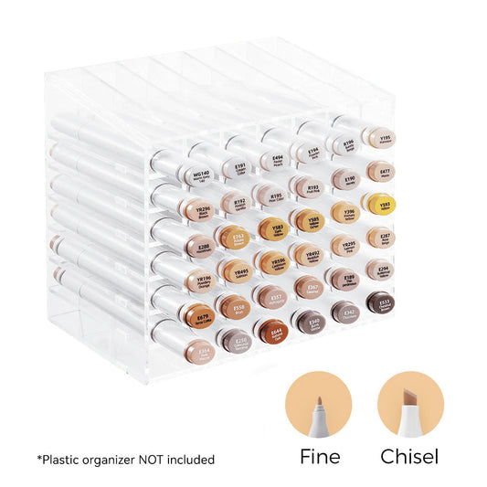Ohuhu Oahu 36 skin tone colors fine and chisel tip alcohol markers arranged in a set, showcasing diverse skin shades and dual tips.