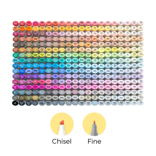 Ohuhu Oahu 320 Colors fine and chisel tip alcohol markers displayed in a variety of vibrant colors.