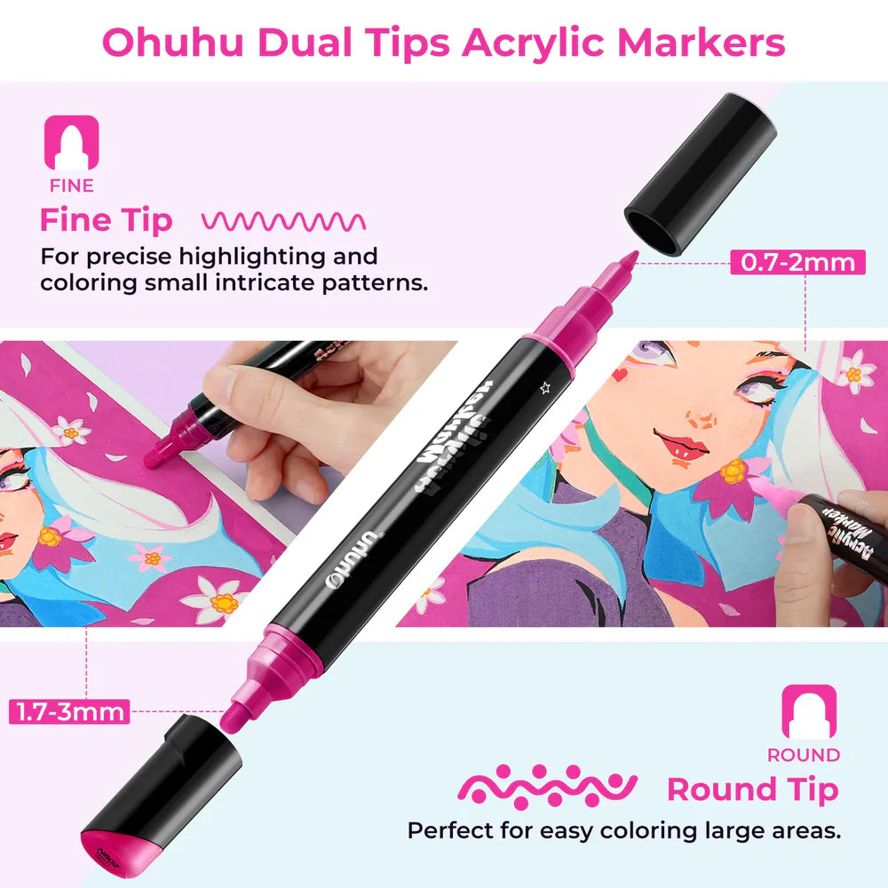 Ohuhu Acrylic Paint Pens 30 Colors fine and broad tips detail