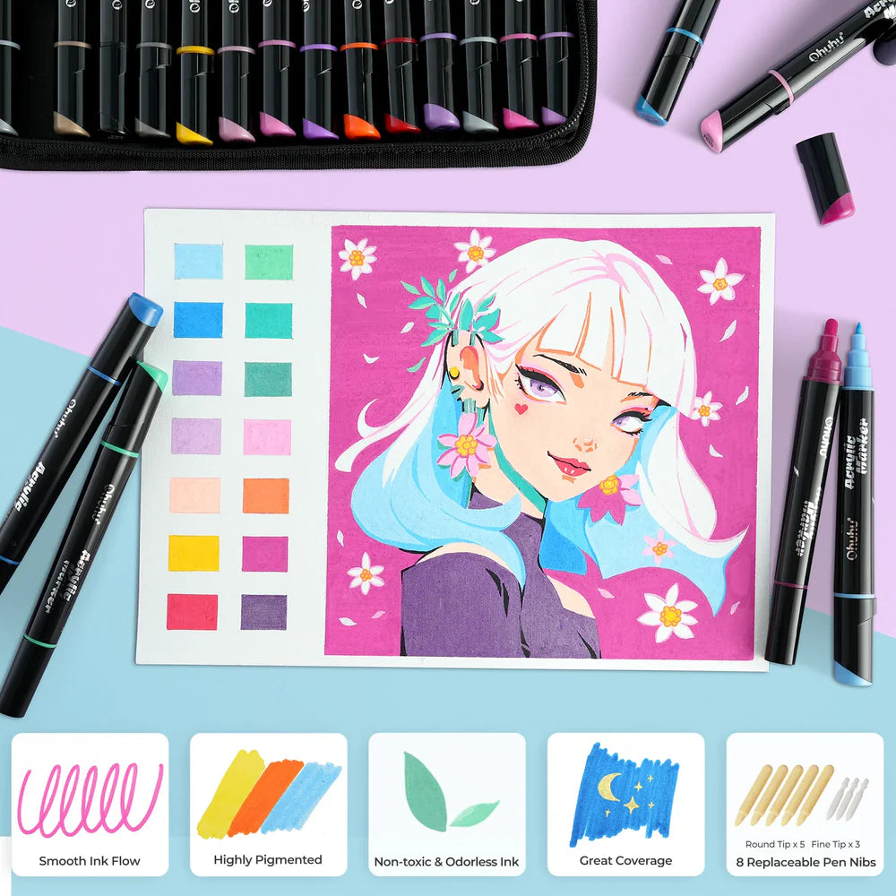 Ohuhu Acrylic Paint Pens 30 Colors in use on multiple surfaces