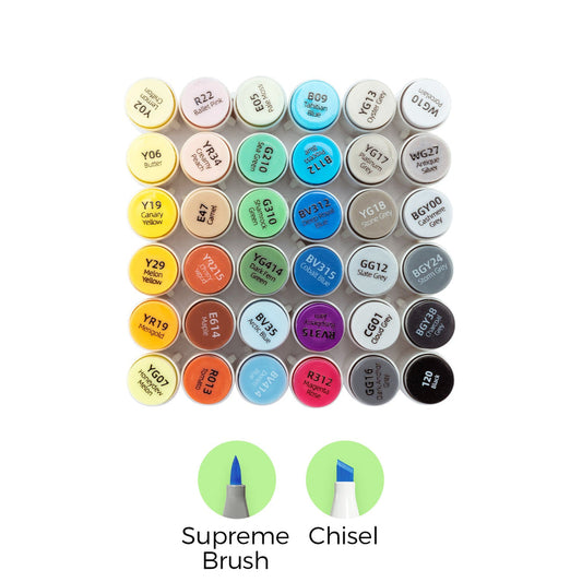 Ohuhu Honolulu Plus 36 Color Brush and Chisel Dual Tip Alcohol Markers set