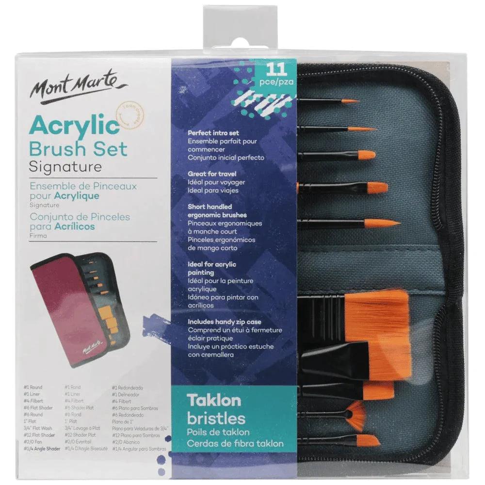 Mont Marte Signature 11-piece acrylic Taklon brush set in a wallet, ideal for painting and art projects.