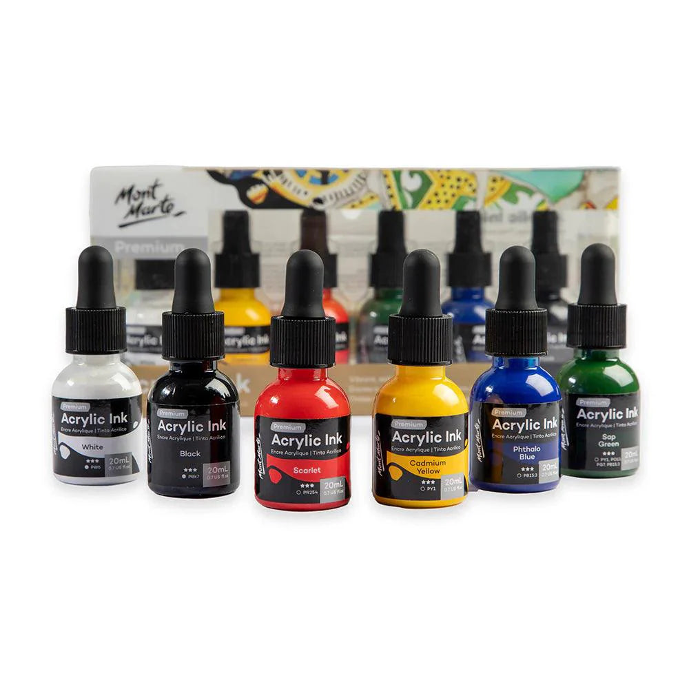 Set of six Mont Marte acrylic art inks in 20ml bottles, vibrant colors for creative painting and mixed media projects.
