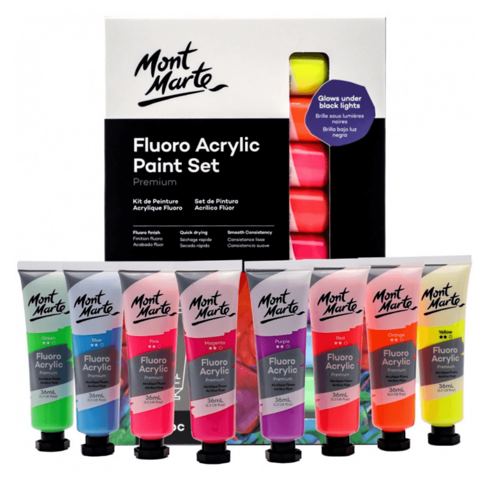Mont Marte Fluoro Acrylic Paint Set with 8 x 36ml bottles, vibrant neon colors for art and craft projects.