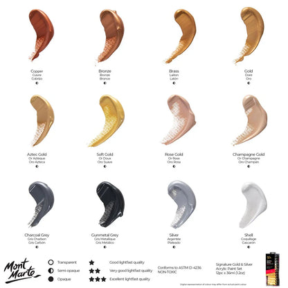 Gold and Silver Acrylic Paint Set Signature 12pc x 36ml - Mont Marte - Glowish