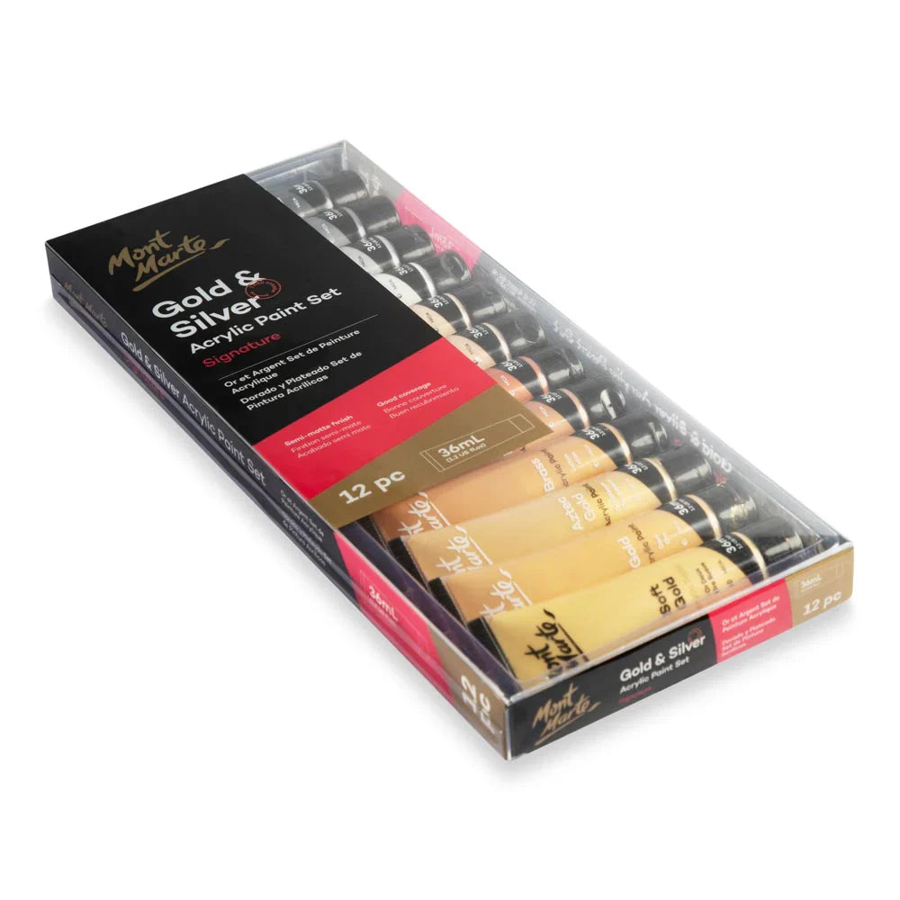 Gold and Silver Acrylic Paint Set Signature 12pc x 36ml - Mont Marte - Glowish