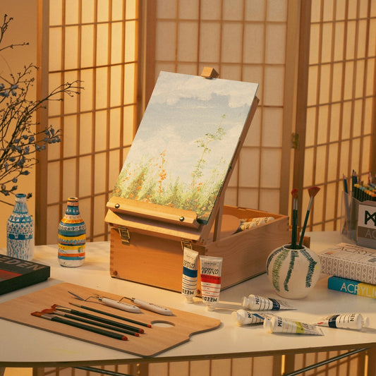 MEEDEN Wood Sketchbox Easel with storage drawers, open