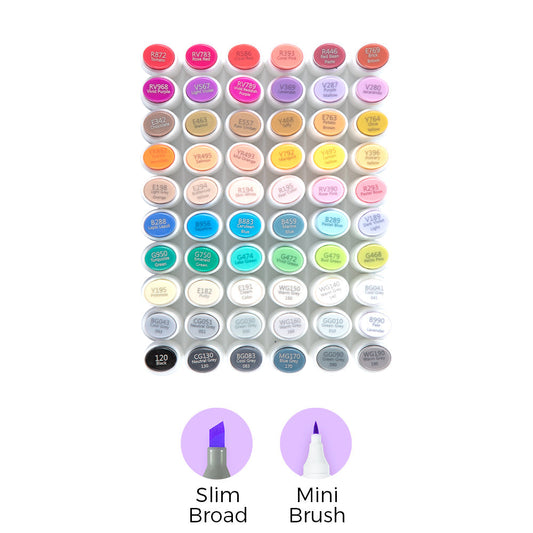 Ohuhu Kaala B 60 Colors Illustration Tones Mini Brush and Slim Broad Dual Tip Alcohol Markers set