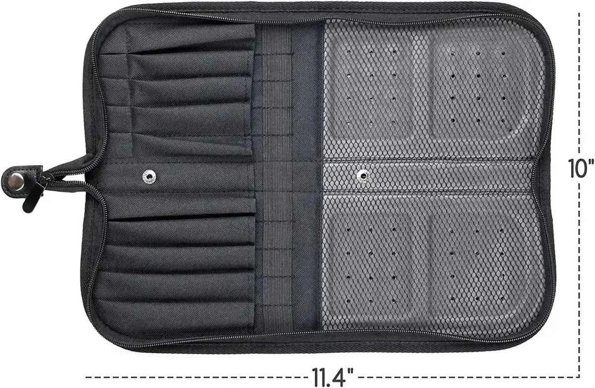 Open empty MEEDEN brush case showing slots, mesh pockets and dimensions