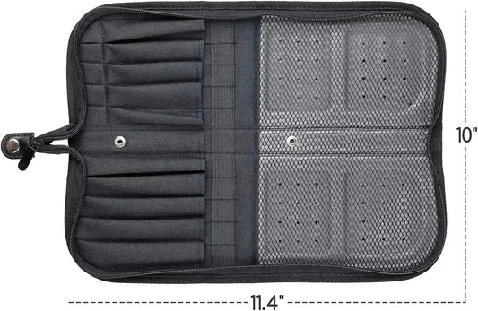 Open empty MEEDEN brush case showing slots, mesh pockets and dimensions