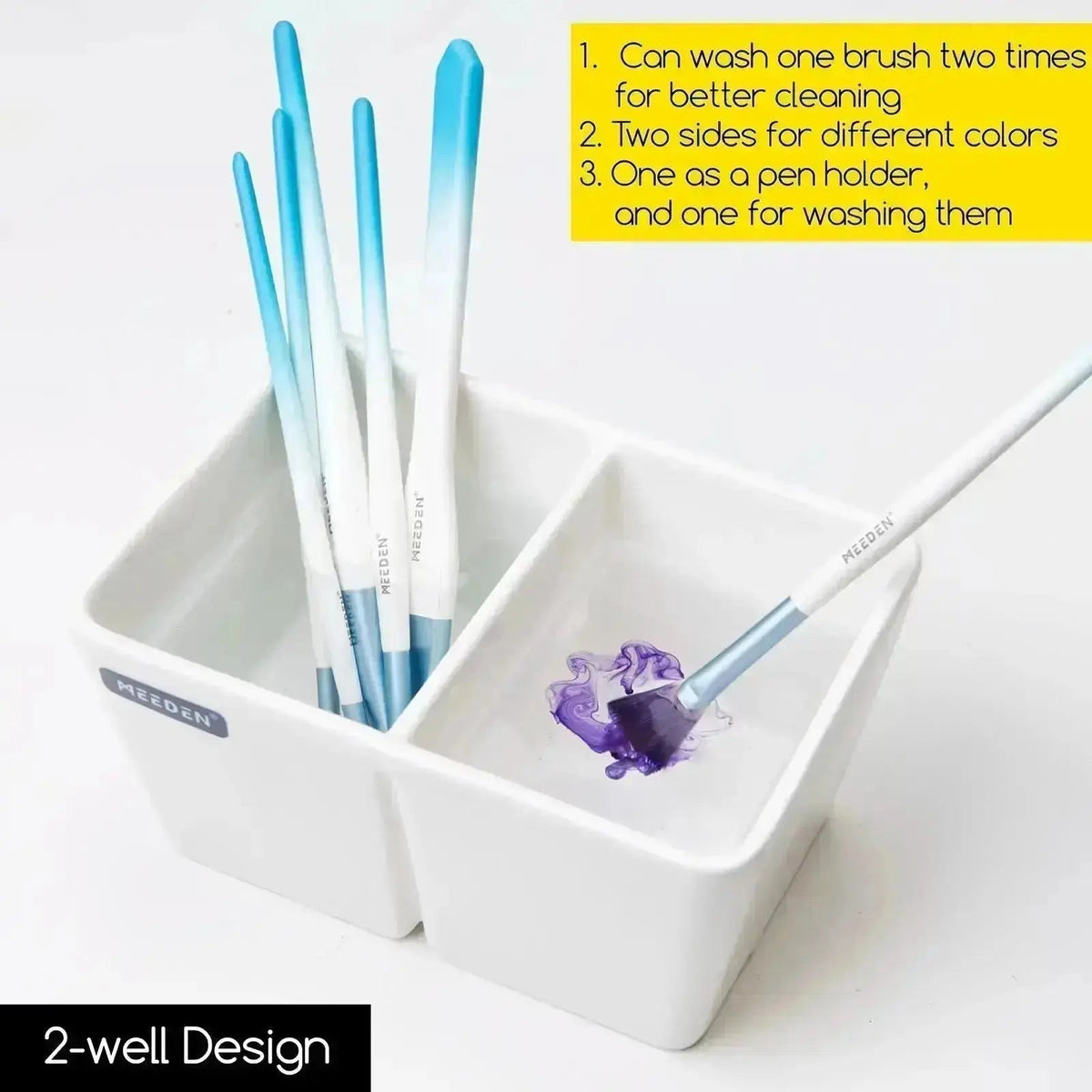 Paint brushes arranged in the divided MEEDEN ceramic wash bowl