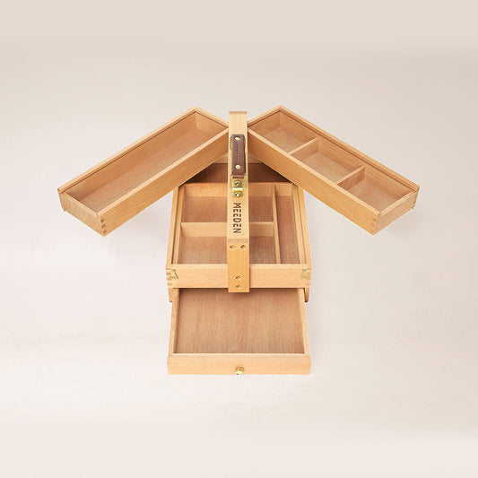 Open MEEDEN beech art supply box showing three storage levels