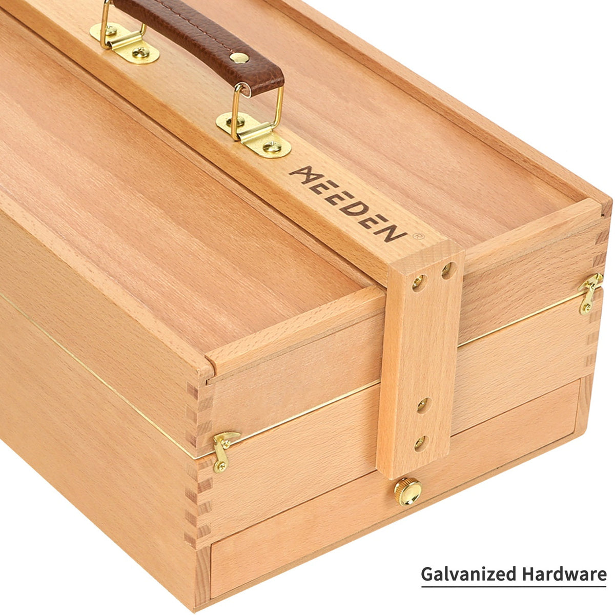 Closed MEEDEN beech art box showing brass clasps and joinery