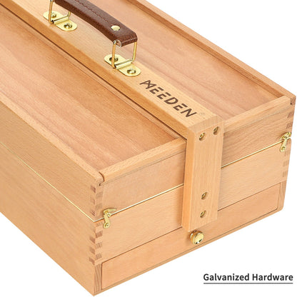 Closed MEEDEN beech art box showing brass clasps and joinery