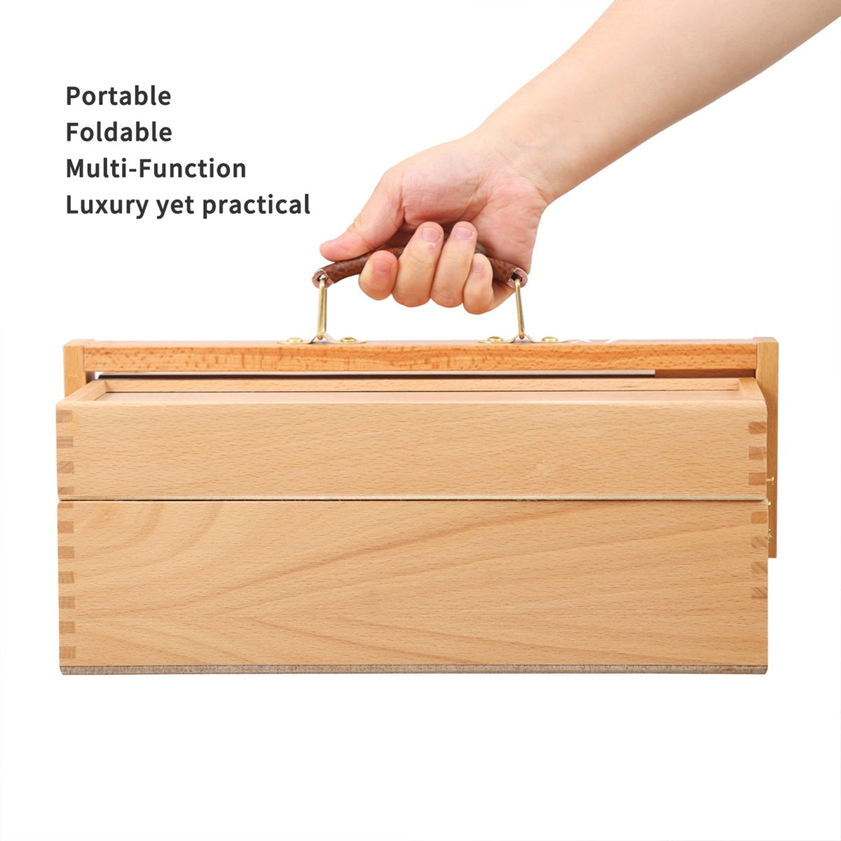 MEEDEN art supply box showing brass hardware and leather handle